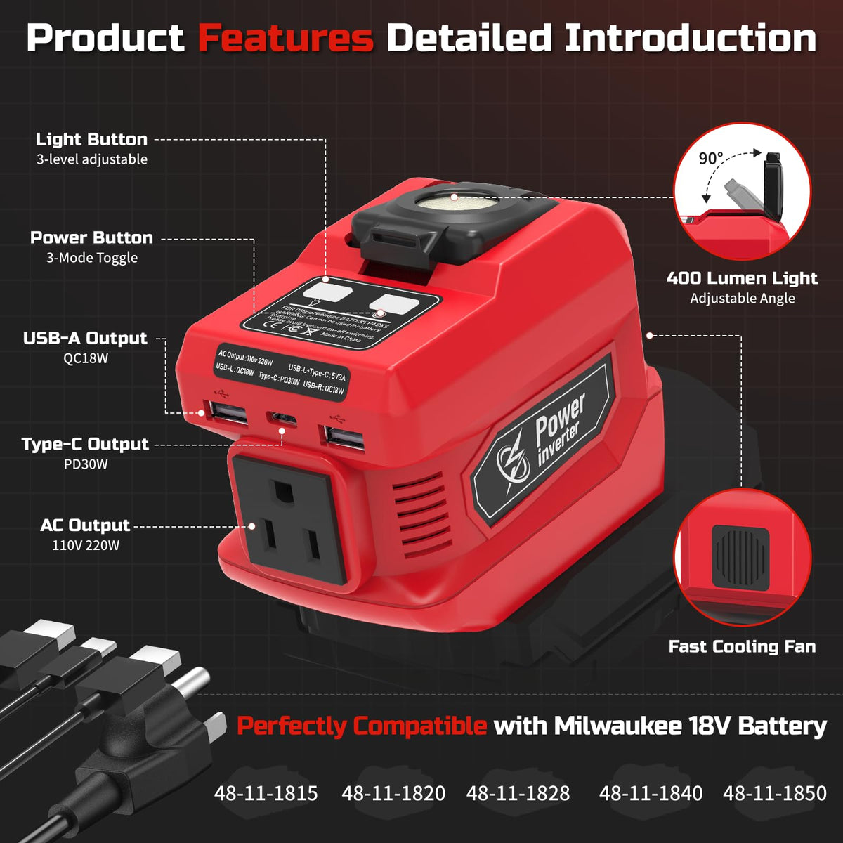 PlantPalGear inverter attached to Milwaukee 18V battery demonstrating tool-free power source