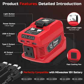 PlantPalGear inverter attached to Milwaukee 18V battery demonstrating tool-free power source