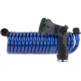Plastair hose front view showing compact coiled design and bright blue color