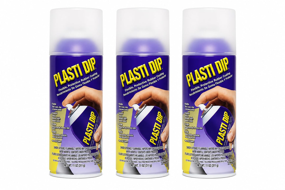 Plasti Dip clear 3-pack front view showing cans and label, brand protection benefit