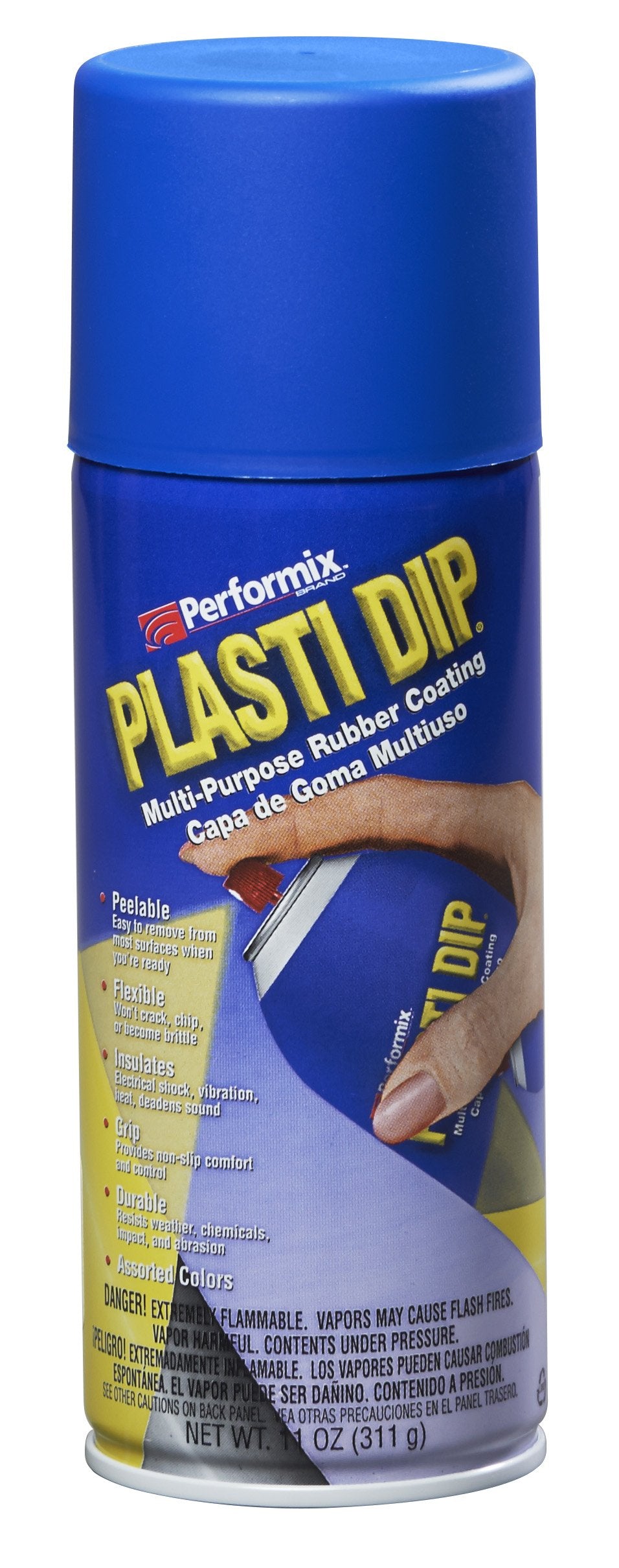 Plasti Dip spray can front view showing Flex Blue color and easy peel benefit