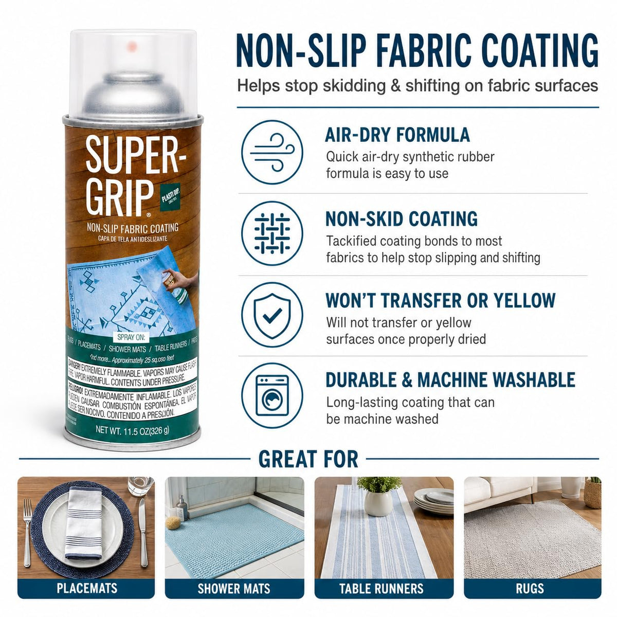 Plasti Dip Super Grip close-up on rug fibers showing tacky texture for anti-slip benefit