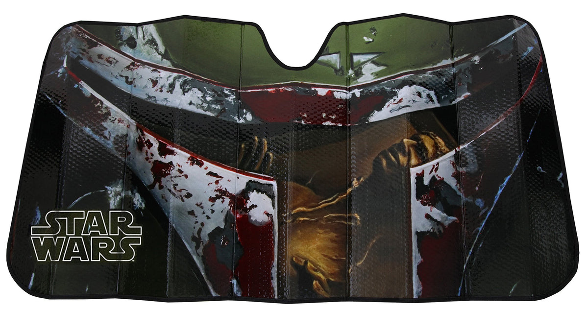 Plasticolor Boba Fett front windshield sunshade showing bold artwork and sun protection