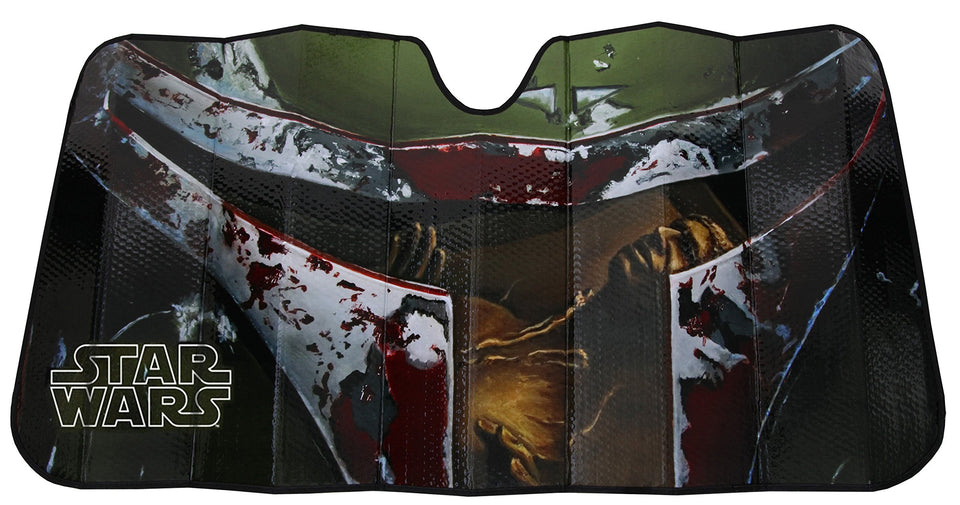 Plasticolor Boba Fett front windshield sunshade showing bold artwork and sun protection
