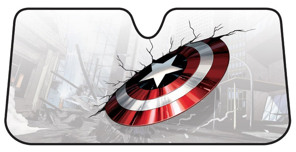 Plasticolor front view of Captain America broken shield sunshade protecting windshield