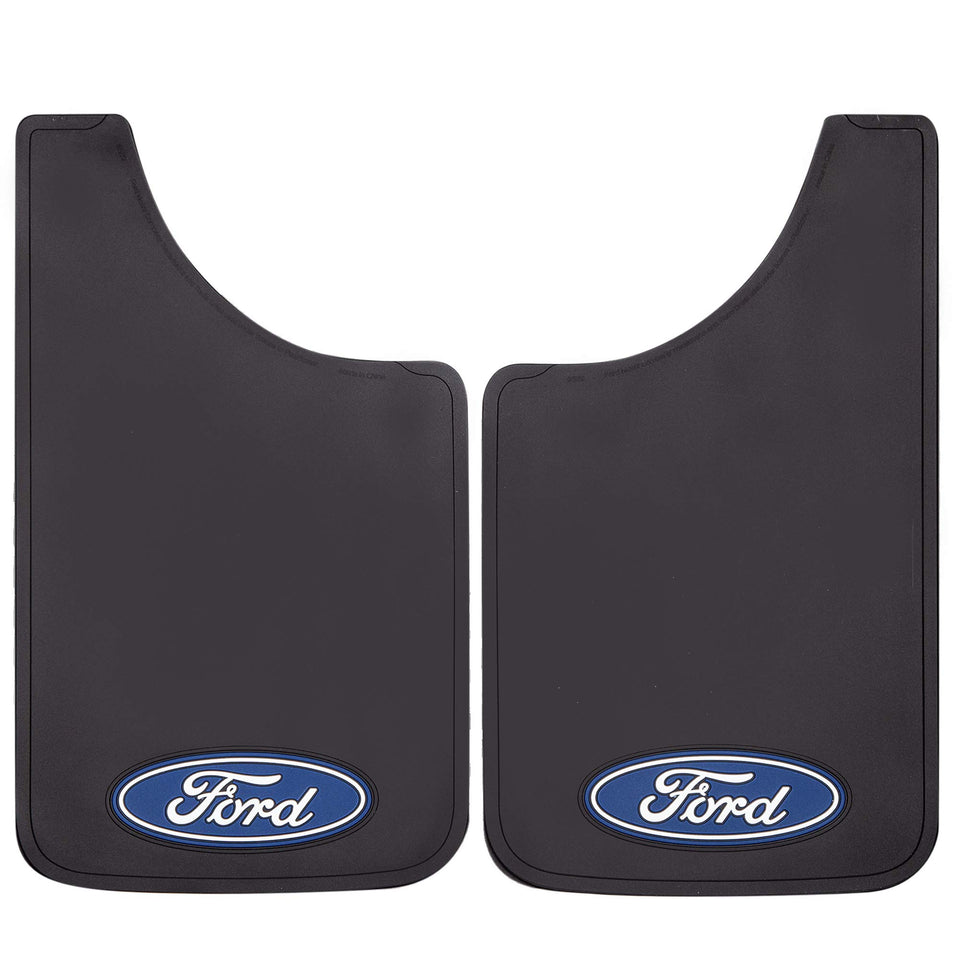 Plasticolor front view black Ford mud guard showing full coverage and protection