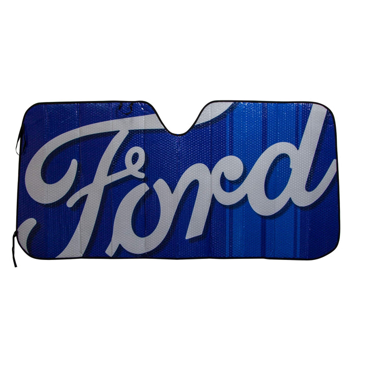 Plasticolor Ford script sunshade front view showing full coverage and brand styling benefit