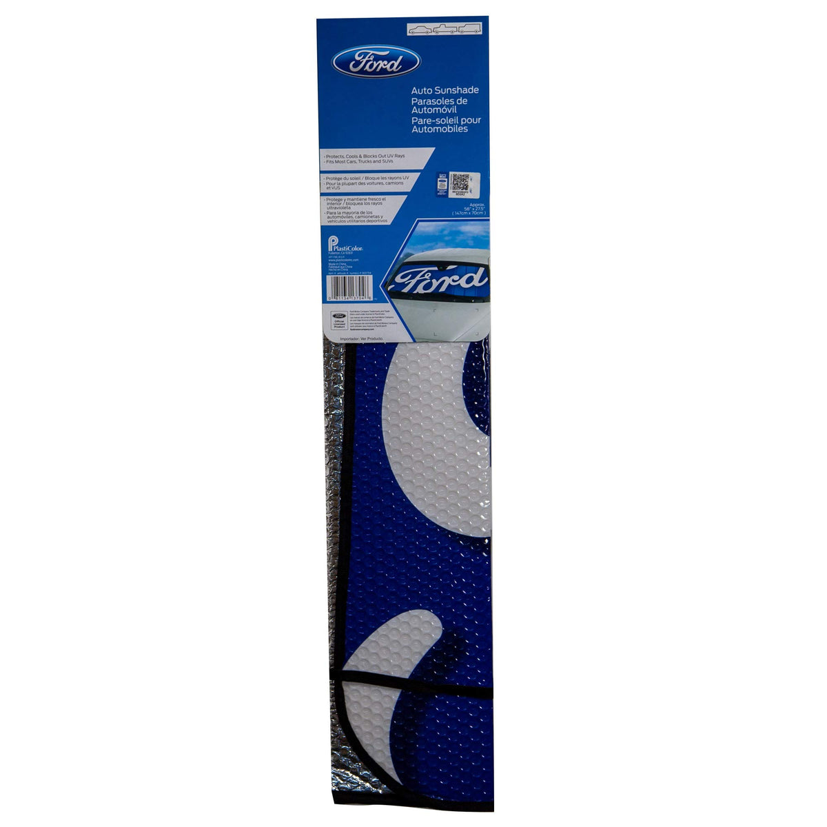 Plasticolor Ford sunshade installed in car demonstrating fit and lowered interior temperature