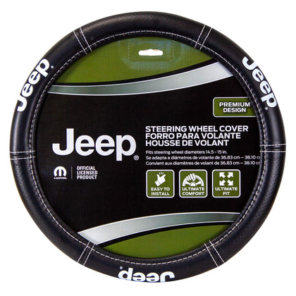Plasticolor Jeep steering wheel cover front view showing logo and black finish, stylish upgrade