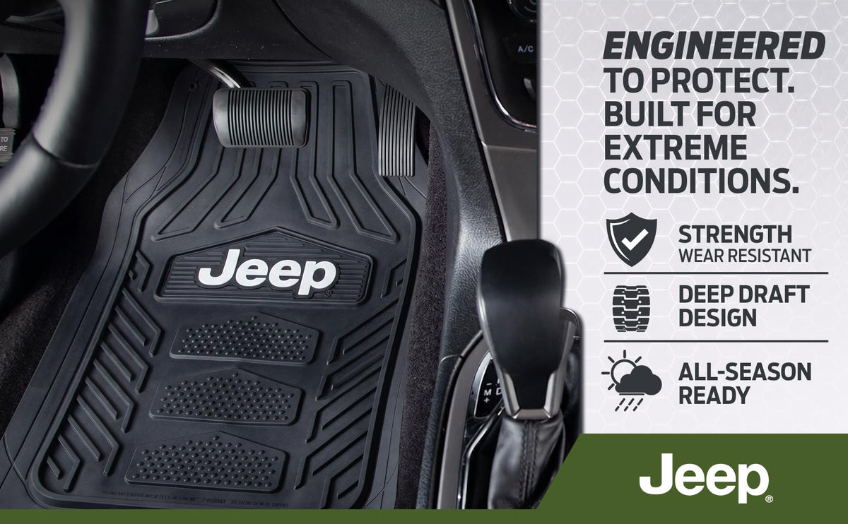 Plasticolor Jeep mat front view with molded Jeep logo offering instant branded style