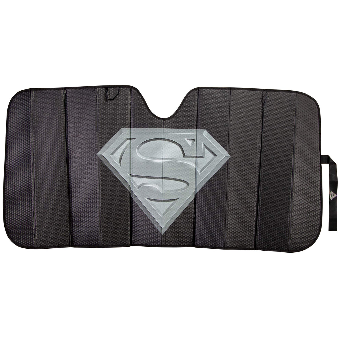 Plasticolor sunshade front view showing Superman logo and full coverage benefit