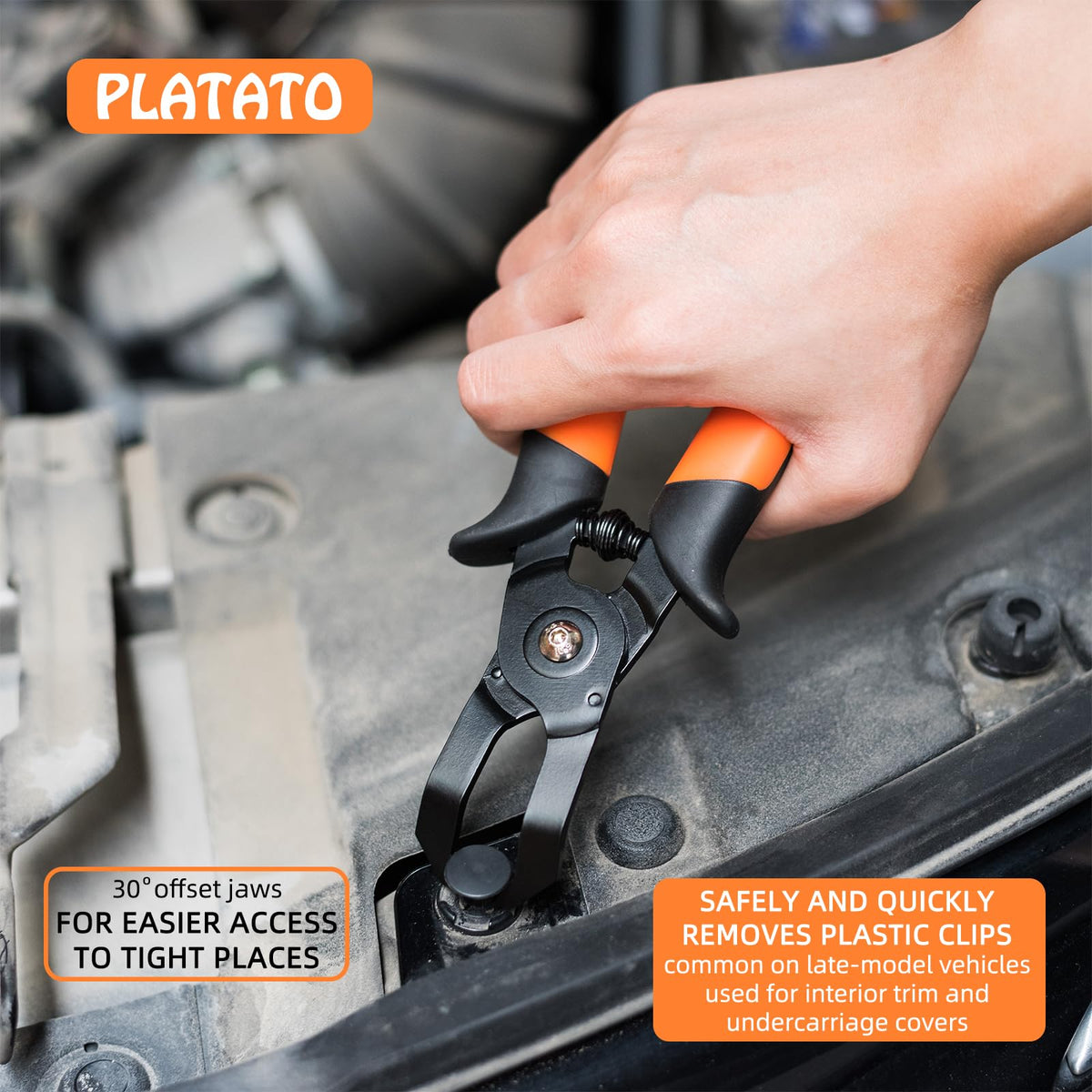 PLATATO 30-degree plier removing a door panel clip for damage-free trim work