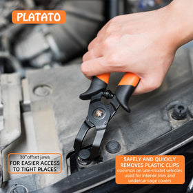 PLATATO 30-degree plier removing a door panel clip for damage-free trim work