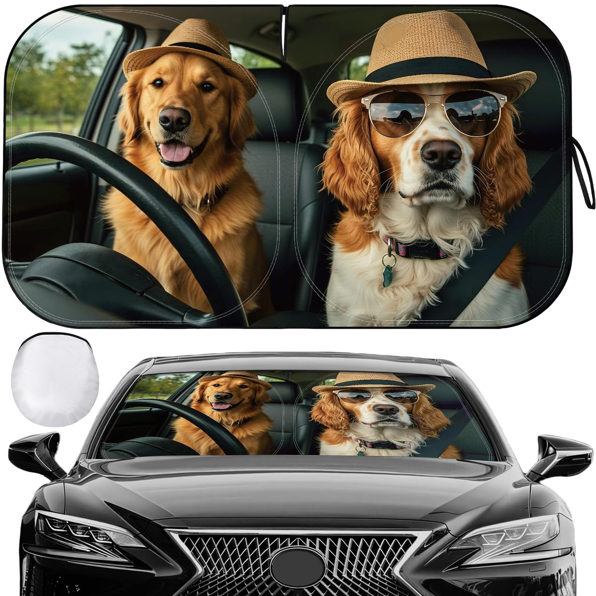 Pleneal front view of packaged sun shade showing design and benefits