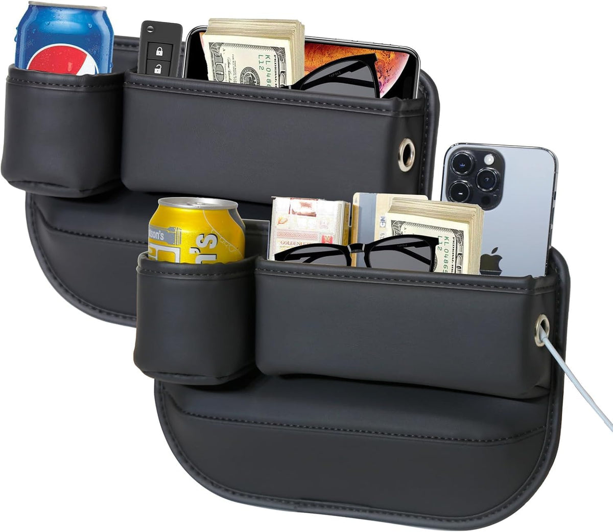PLEW front view showing two black leather gap fillers and neat fit providing tidy storage