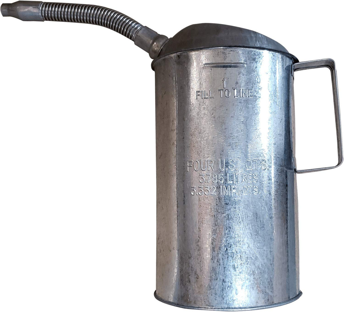 Plews LubriMatic front view galvanized can showing pour spout and handle for clean pouring