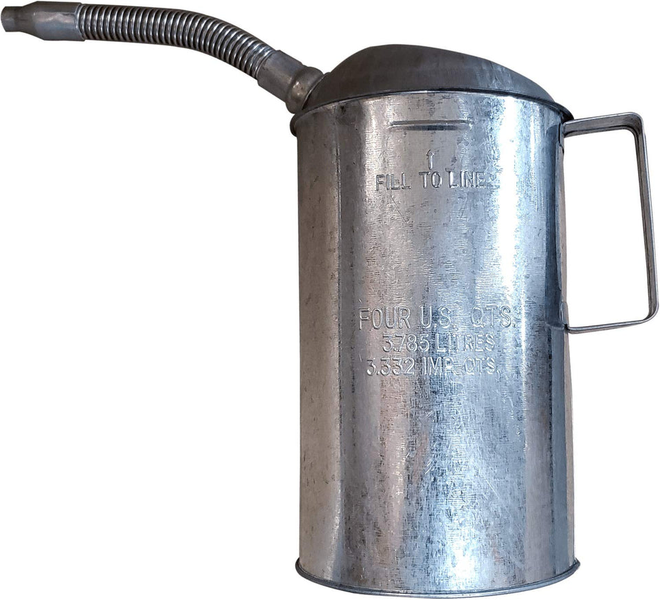 Plews LubriMatic front view galvanized can showing pour spout and handle for clean pouring