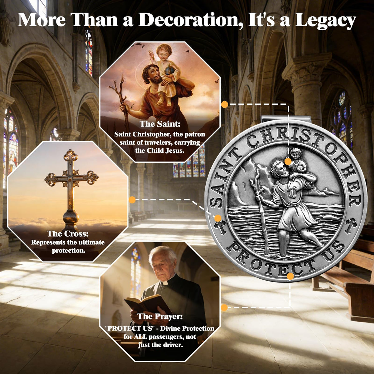 PloreWay close-up of metal St. Christopher medallion showing detailed relief benefit