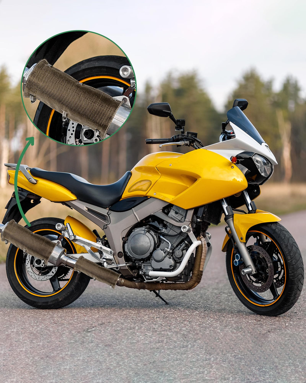PLOZANO installed on a motorcycle muffler showing reduced contact risk and protection