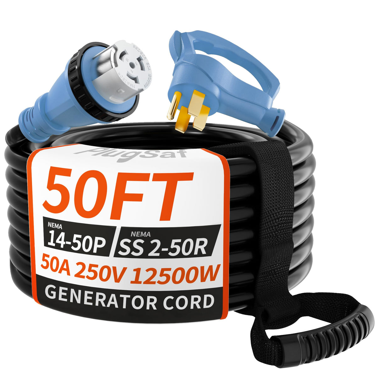 PlugSaf front view of 14-50P male plug showing durable grip and secure connection benefit