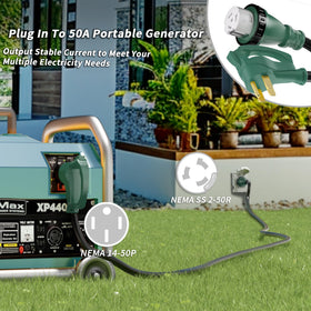 PlugSaf close-up of NEMA 14-50P male plug highlighting secure grip and heavy-duty pins
