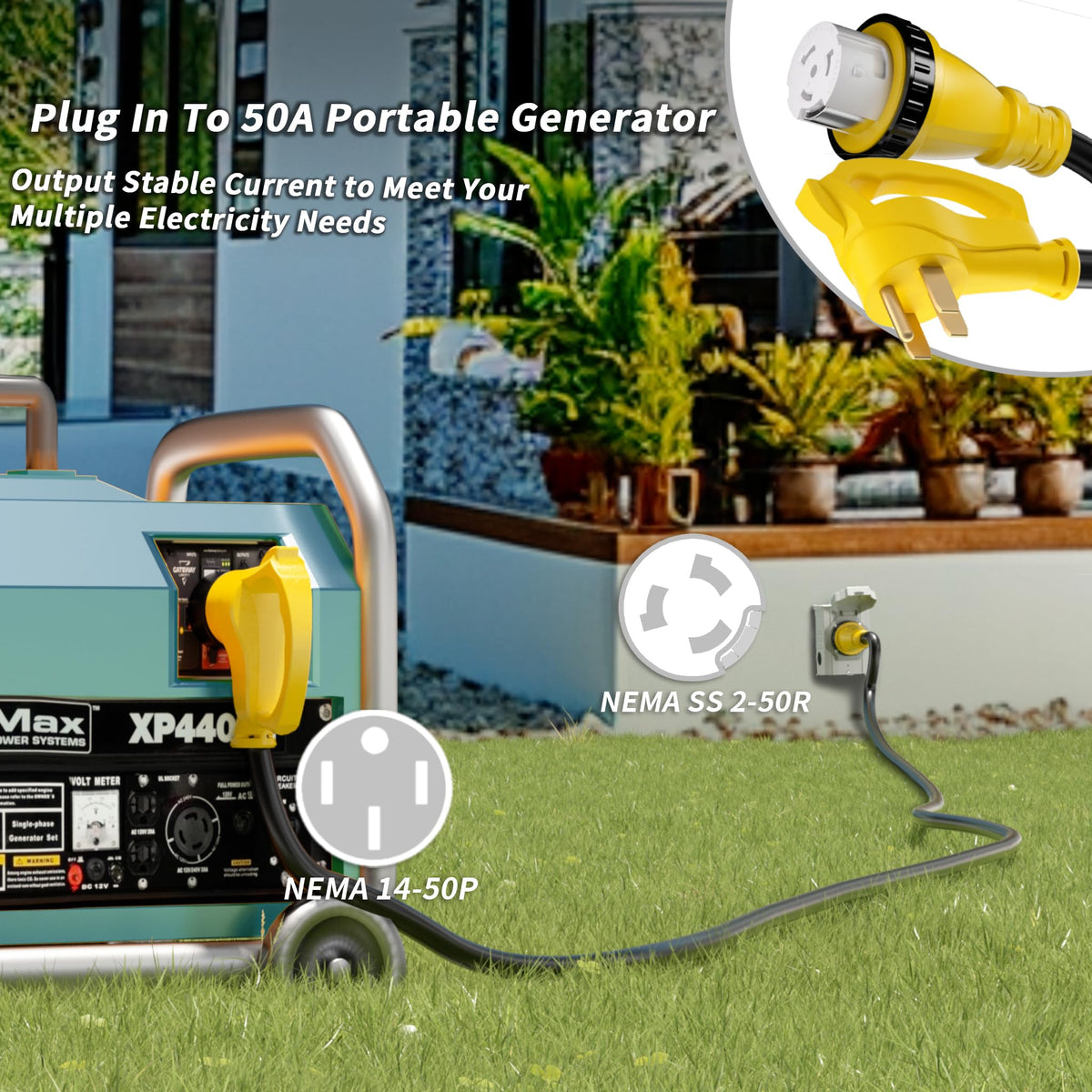 PlugSaf male NEMA 14-50P closeup with ergonomic grip for easier plugging benefit