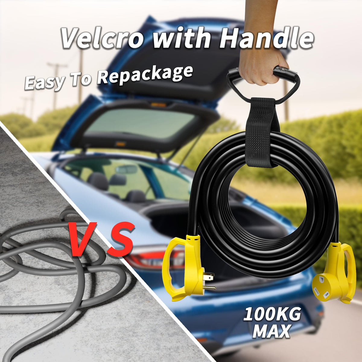 PlugSaf coiled on storage hook with organizer for tangle-free transport and storage