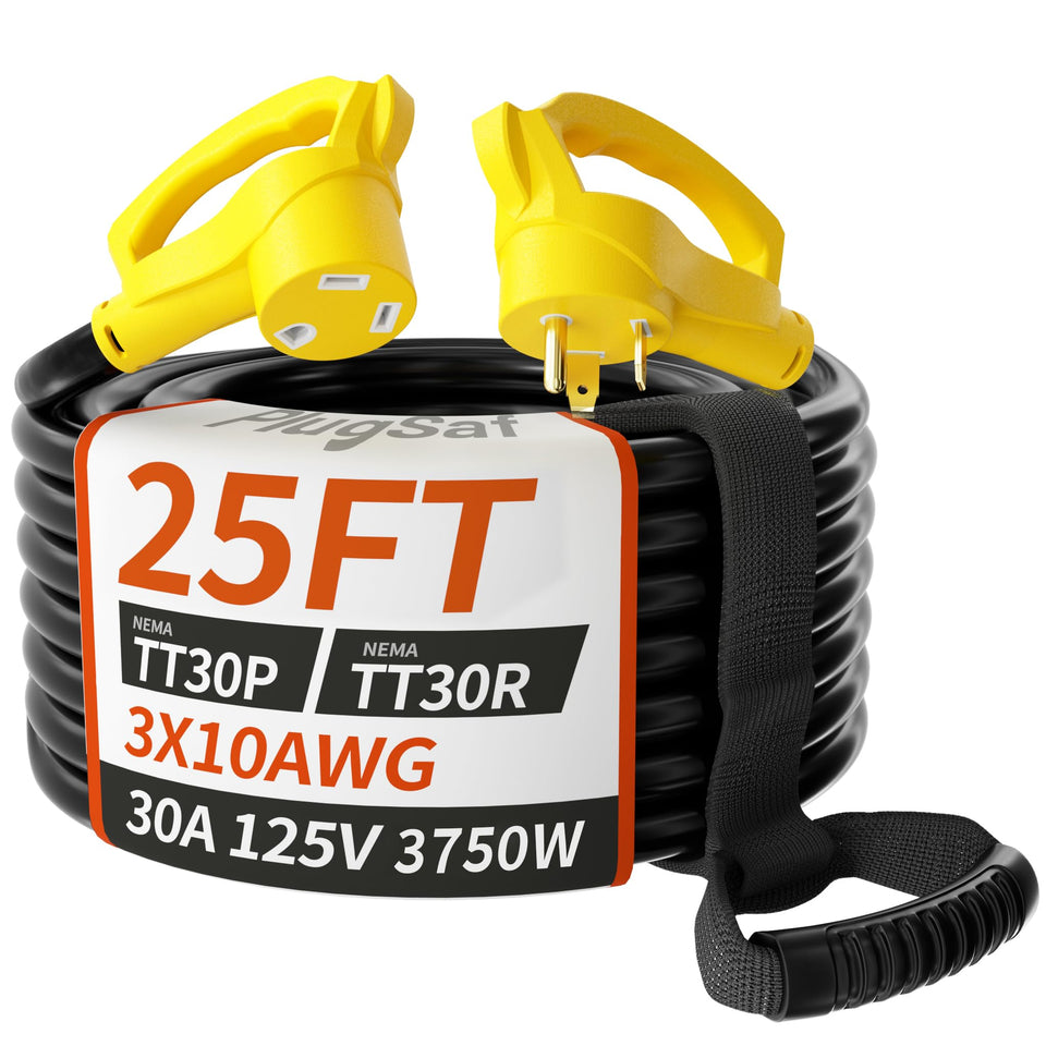 PlugSaf front connector showing NEMA TT-30P plug and reliable connection benefit