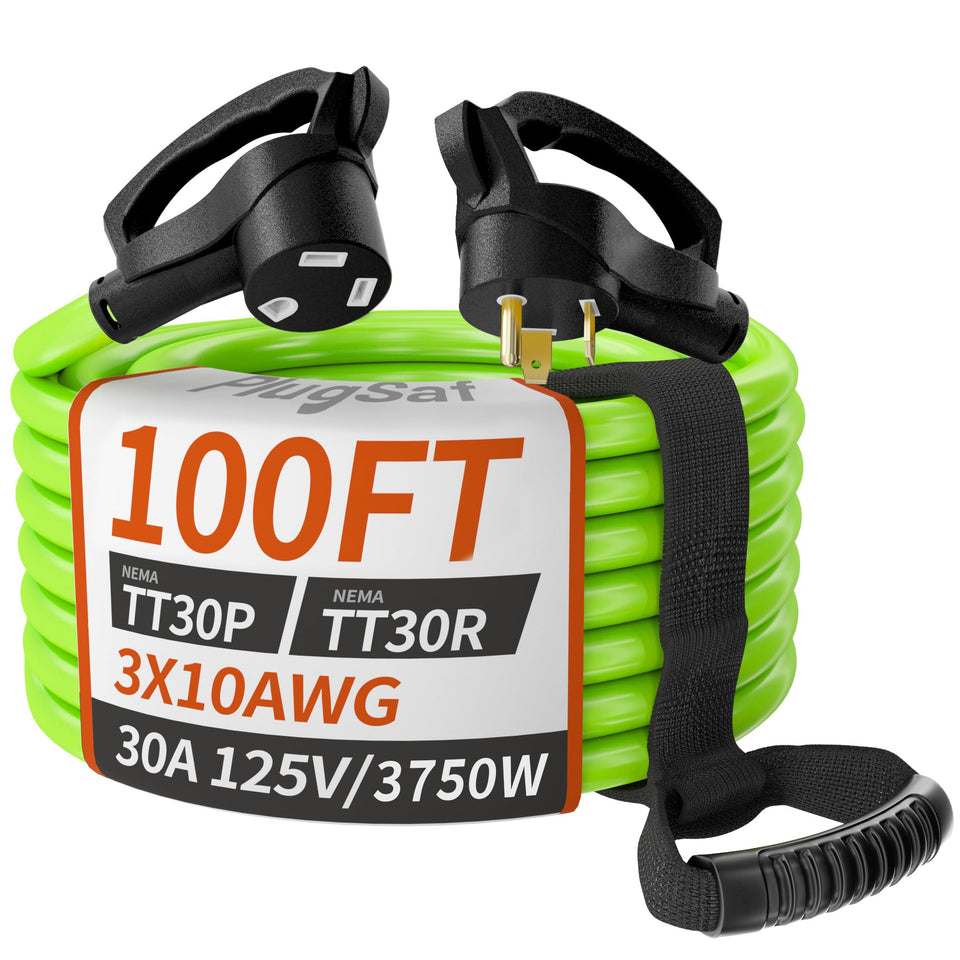 PlugSaf front packaging showing durable 100 ft 30A cord and benefits