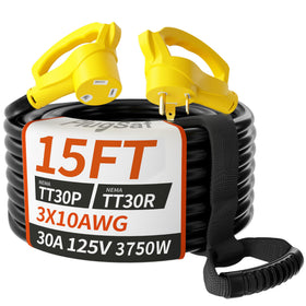 PlugSaf front view showing NEMA TT-30 connectors and full 15 ft length for reliable power