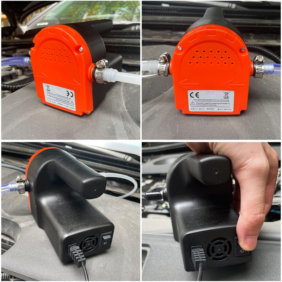 PLUMIA pump set in a garage beside tools, enabling neat DIY oil changes