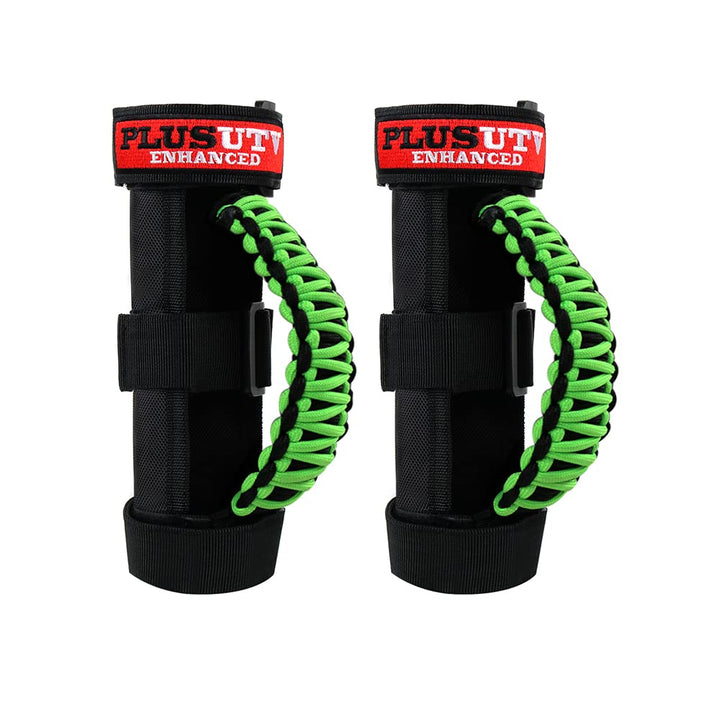 PLUSUTV front view of green roll bar grab handles showing fit and style benefit