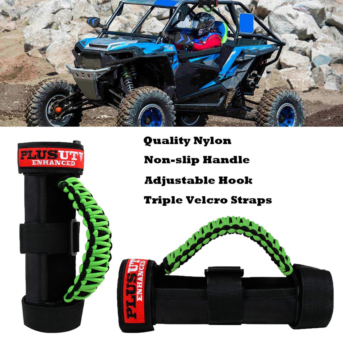 PLUSUTV grab handle mounted on a Polaris Ranger roll bar providing secure grip