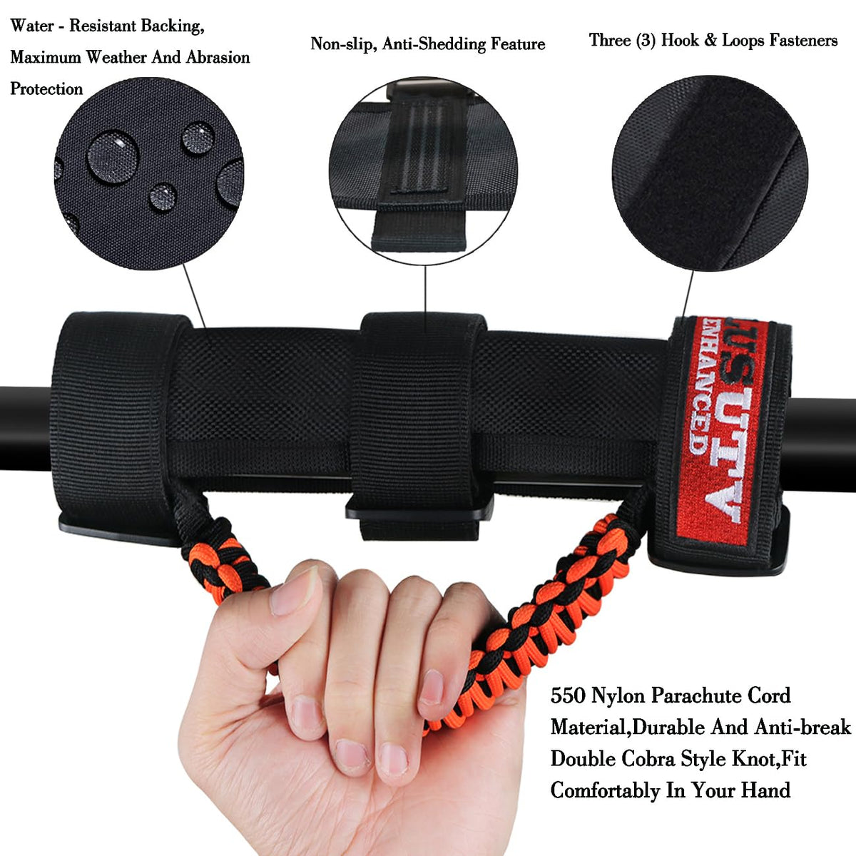 PLUSUTV triple strap Velcro attachment displaying secure hold on roll bar for safer rides