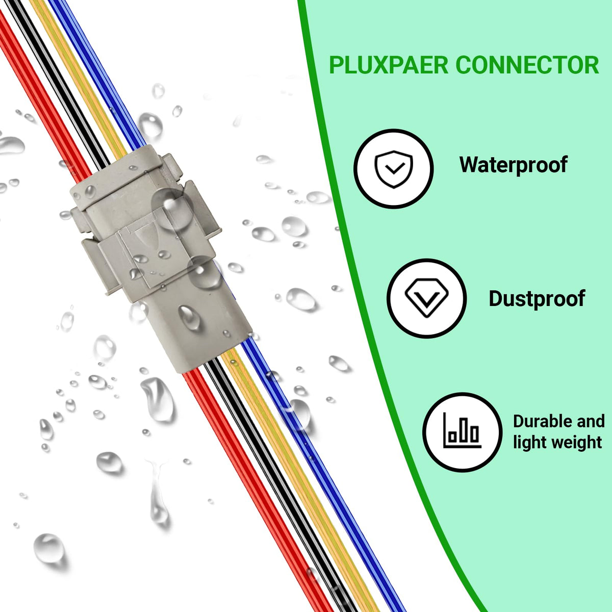 PLUXPAER connector mounted on vehicle harness showing vibration‑resistant secure connection