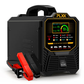 PLXX front panel and display showing voltage and charge percentage for easy monitoring