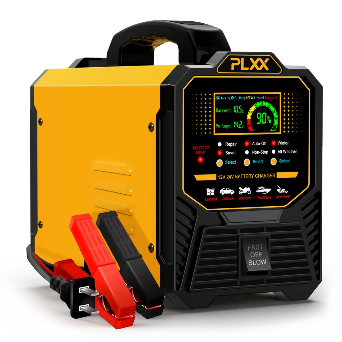 PLXX front panel view showing controls and housing for reliable charging