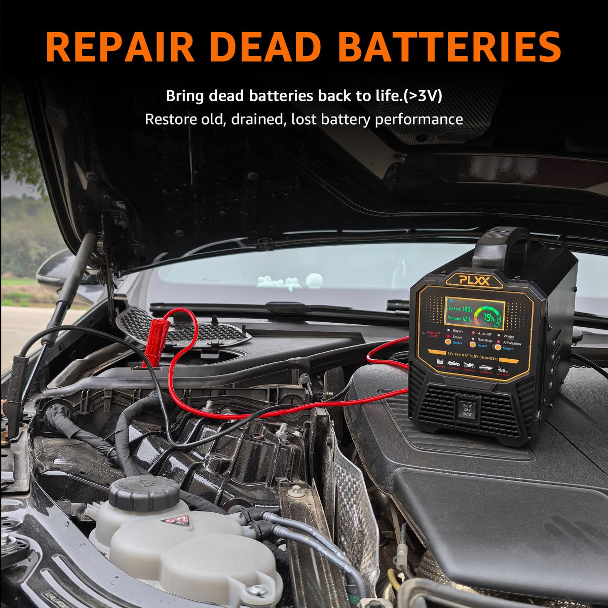 PLXX in use on a car battery demonstrating automatic charging and hands-free operation