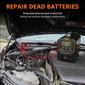 PLXX in use on a car battery demonstrating automatic charging and hands-free operation
