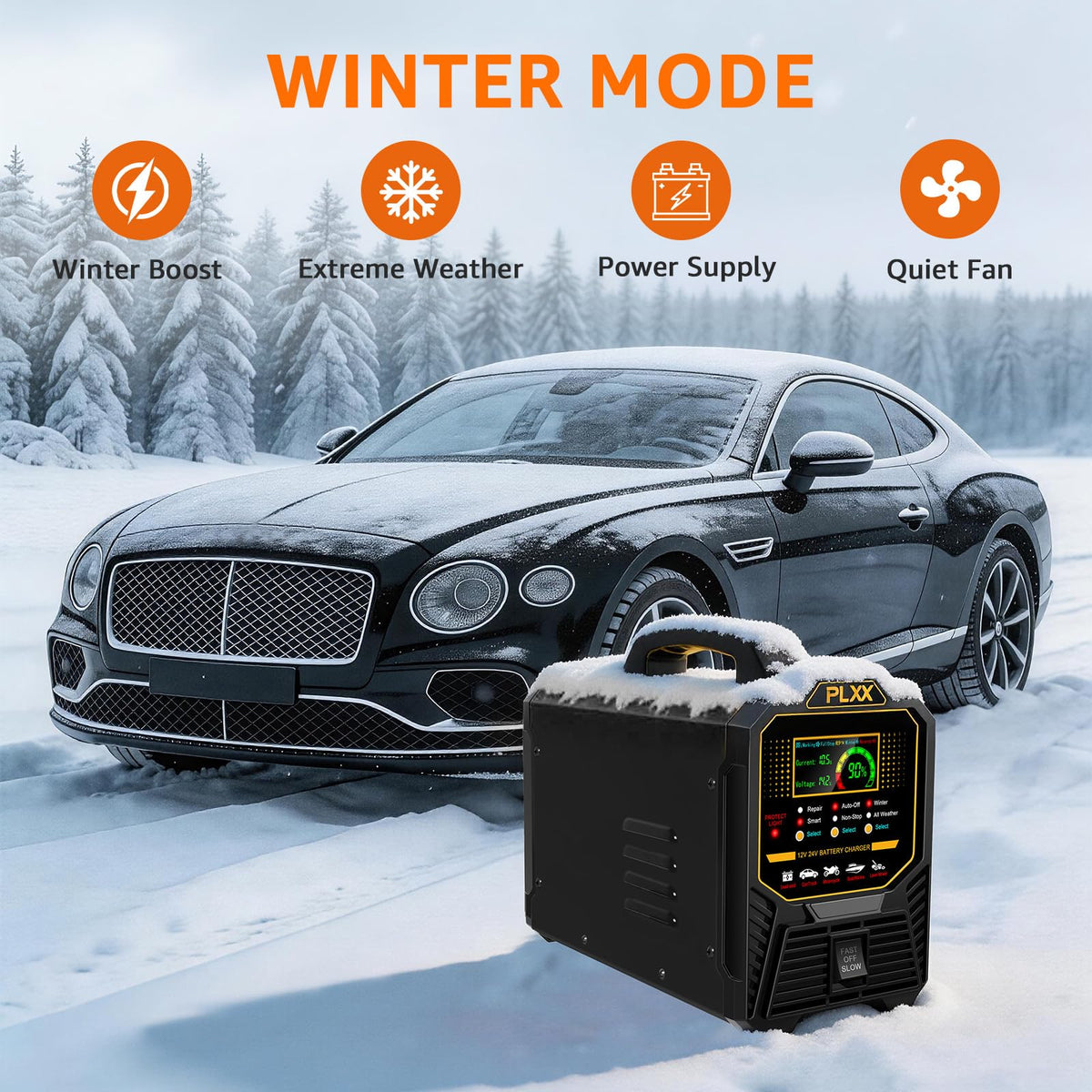 PLXX displaying winter mode on LCD enhancing cold-weather charging reliability benefit