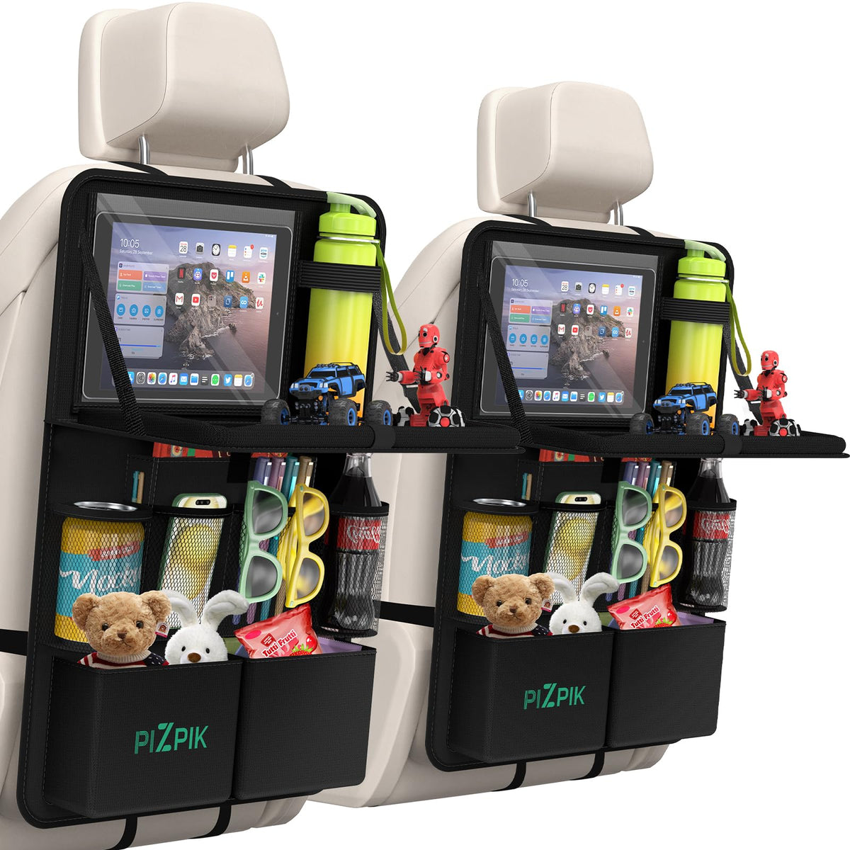 Plzpik front view organizer mounted on seat showing tidy storage and tray benefit