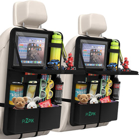 Plzpik front view organizer mounted on seat showing tidy storage and tray benefit