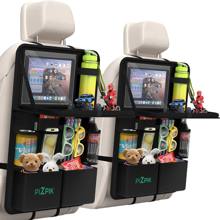Plzpik front view organizer mounted on seat showing tidy storage and tray benefit