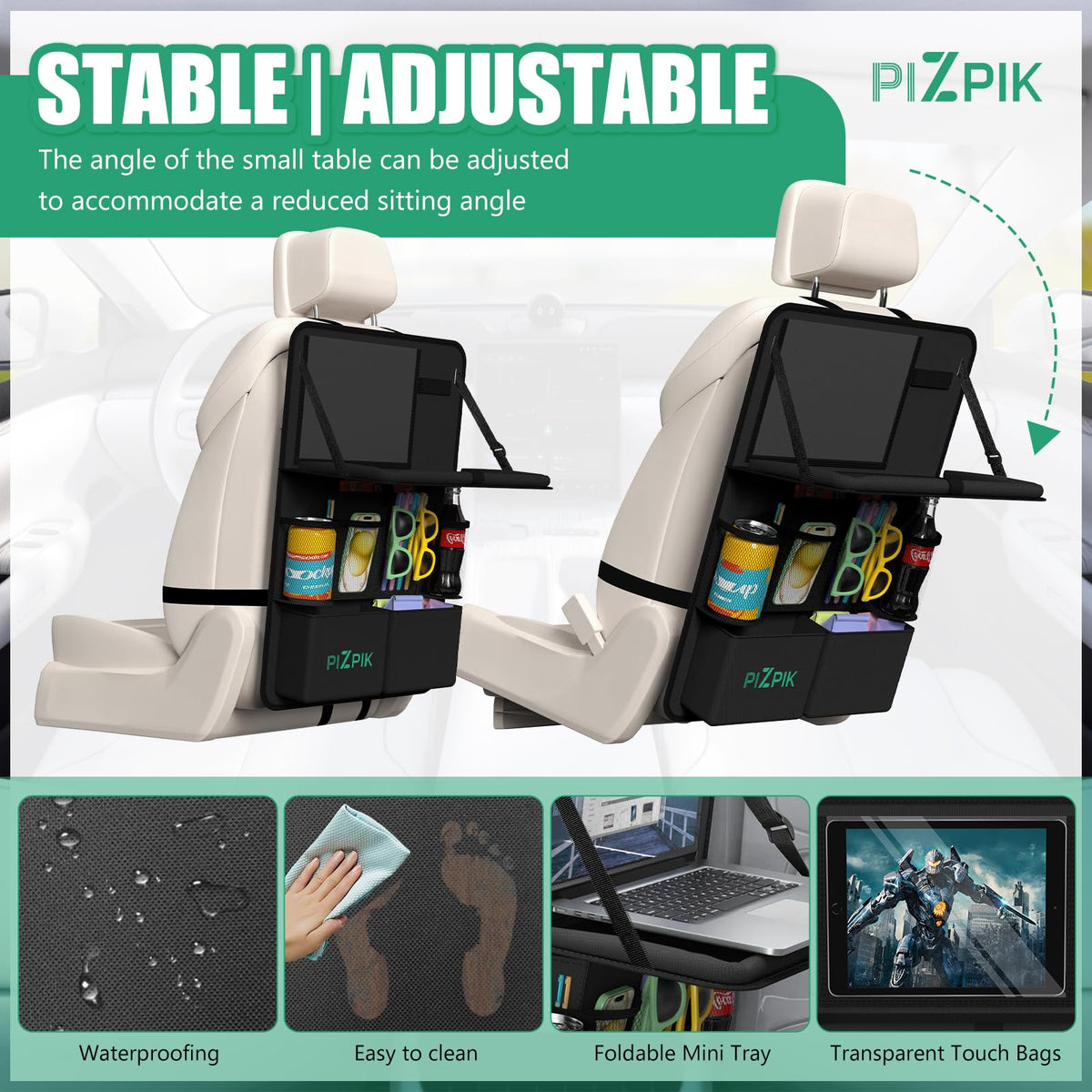 Plzpik installed in a car with child using tray for drawing and eating during travel