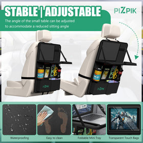 Plzpik installed in a car with child using tray for drawing and eating during travel