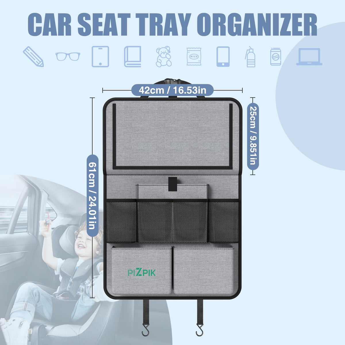 plzpik family in car with organizer behind seat showing tidier trips benefit