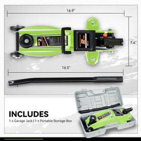 PM PERFORMOTOR in-use garage lifestyle with jack lifting car for safe servicing
