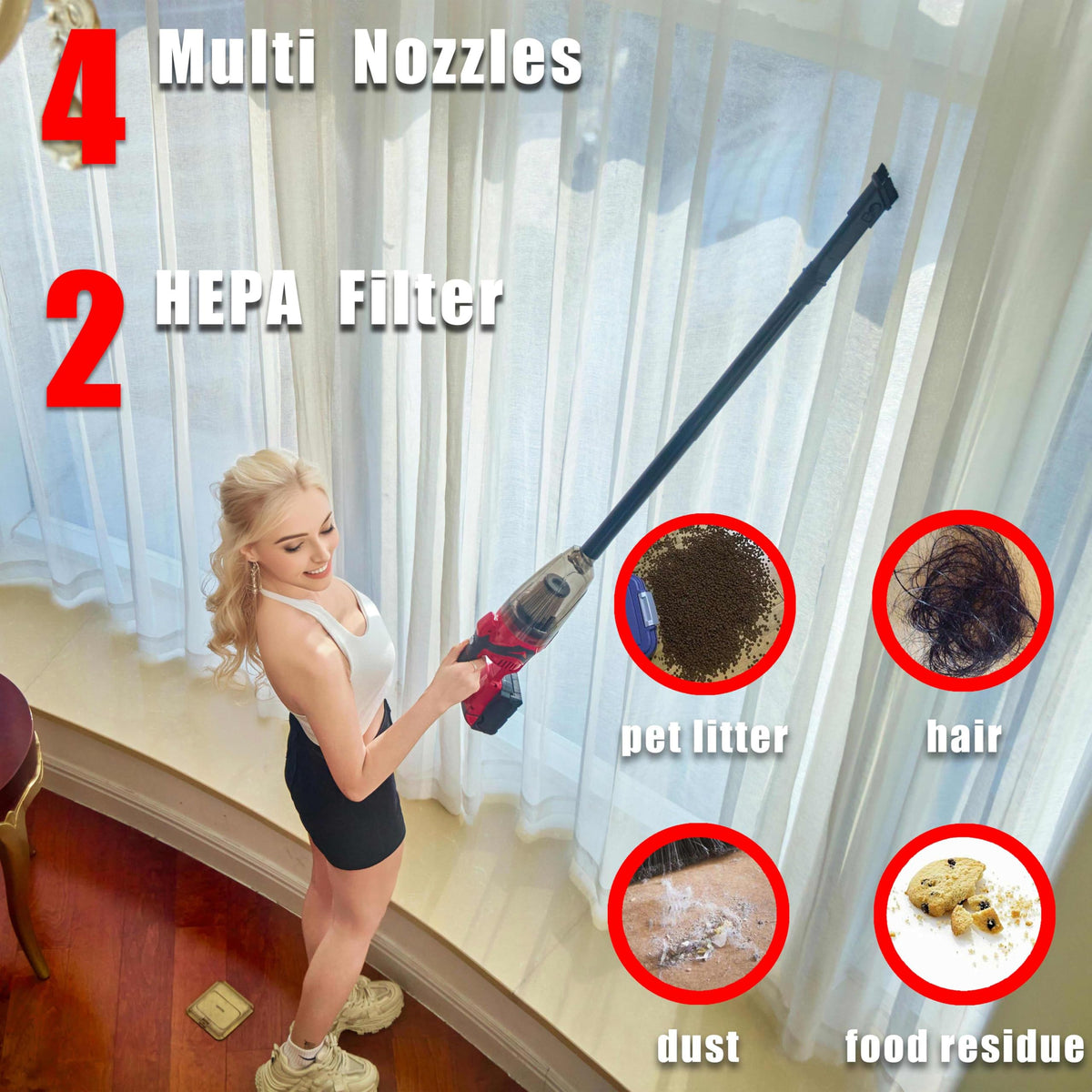 PMLYQ handheld vacuum held by person to show lightweight size and portability