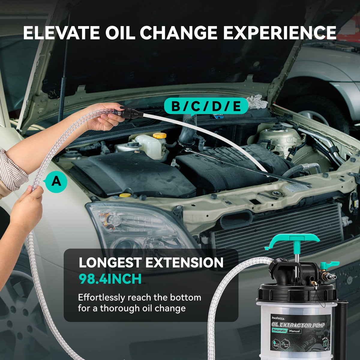 Poafamx extracting oil from vehicle without crawling under for safer maintenance