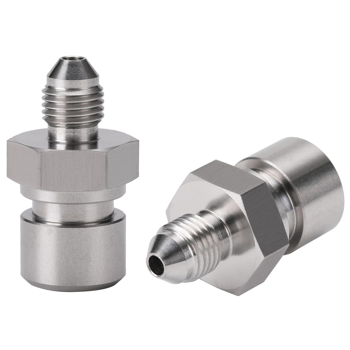 Podavelle adapter front view showing compact stainless male-to-female design for reliable connections